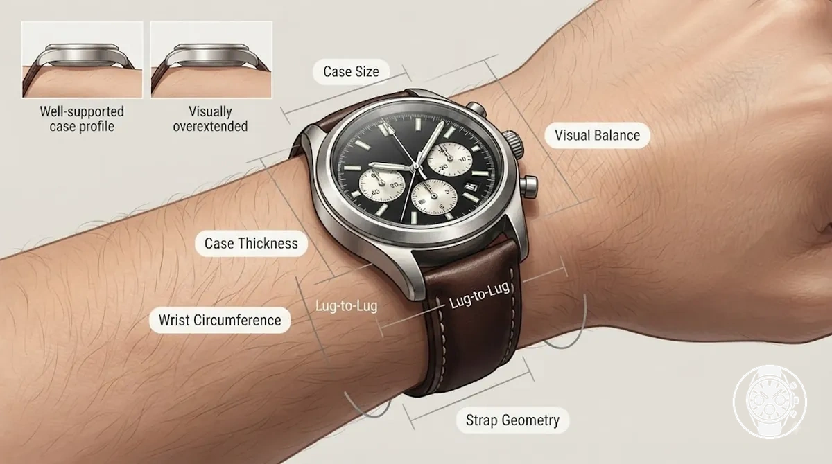 ساعة كرونوغراف كوارتز للرجال على المعصم تظهر حجم العلبة والسمك وطول العروة إلى العروة وملاءمة السوار