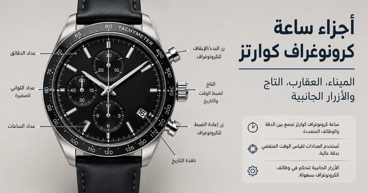 ساعة كرونوغراف كوارتز للرجال تعرض الميناء والعقارب والعدادات الفرعية والتاج والأزرار الجانبية