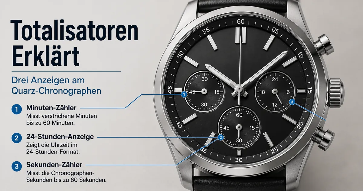 Detailliertes Zifferblatt eines Quarz-Chronographen für Herren mit drei Totalisatoren