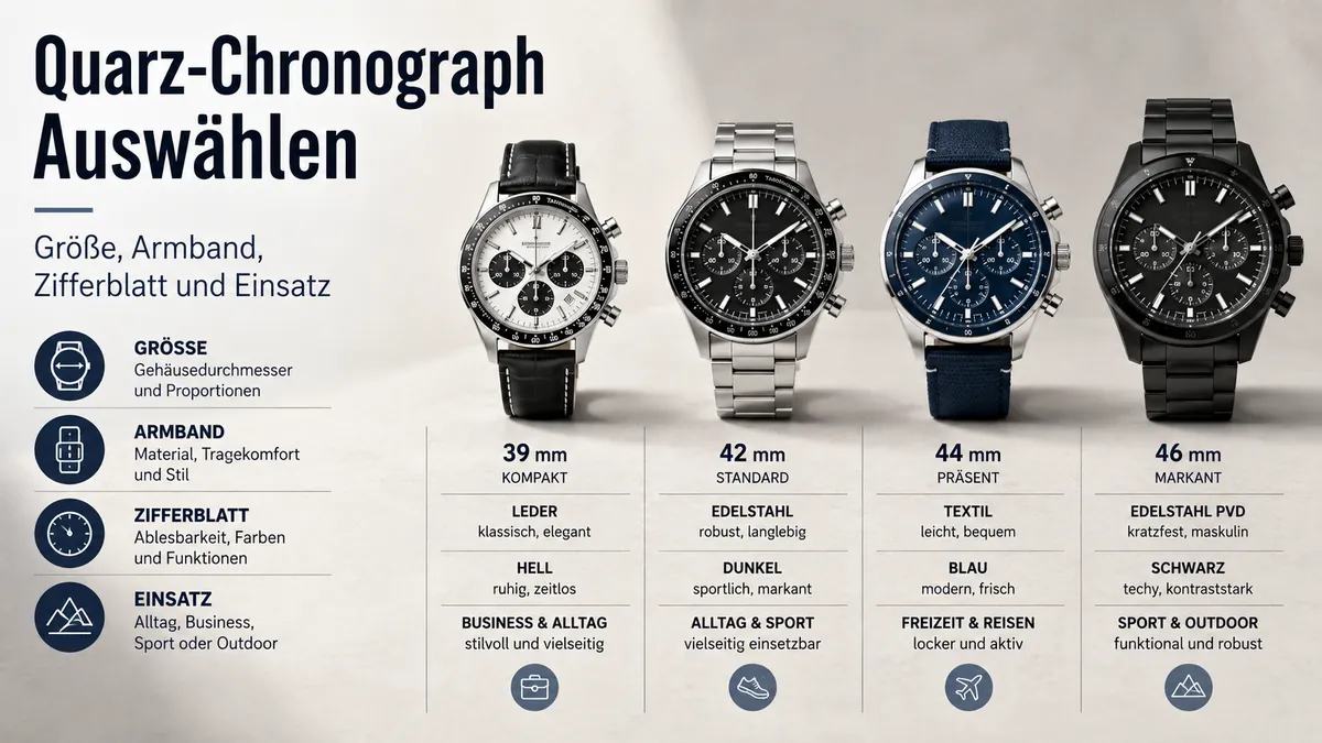 Verschiedene Quarz-Chronographen für Herren im Vergleich nach Größe, Armband, Zifferblatt und Einsatz
