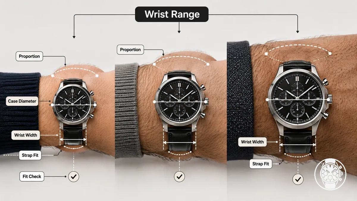 Handgelenkgrößen im Vergleich mit dem Gehäusedurchmesser eines Chronographen für die Passform.