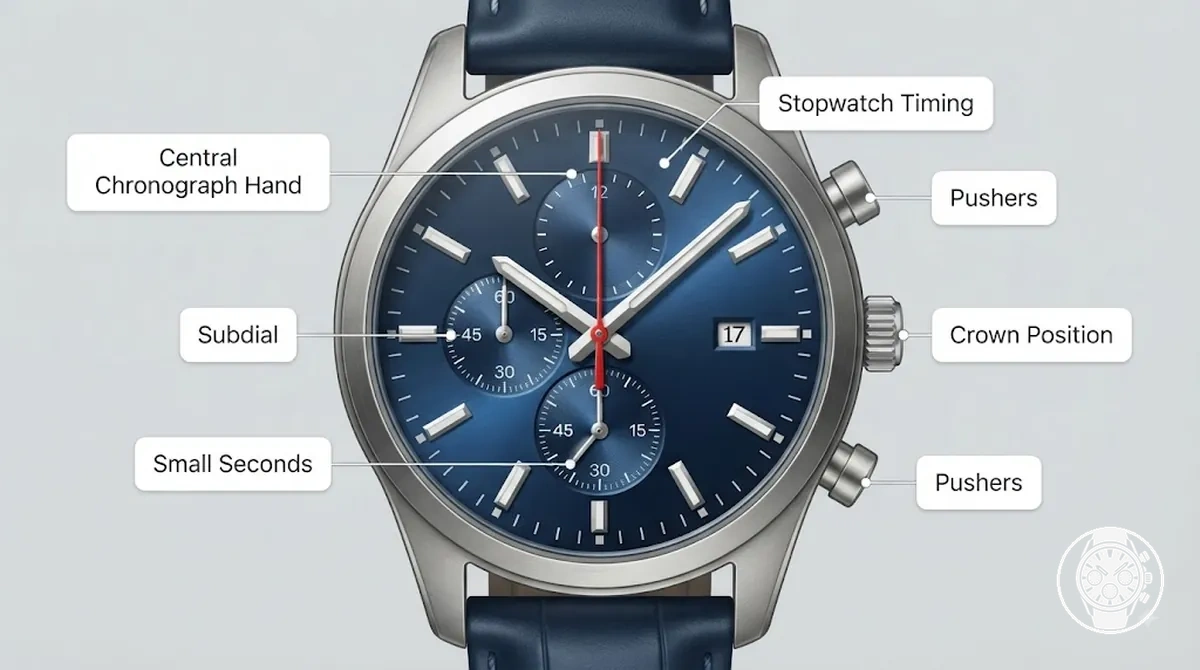 Beschriftetes Zifferblatt einer Quarz-Chronographen-Uhr für Herren mit Zeigern, Hilfszifferblättern, Drückern und Kronenpositionen, die fälschlicherweise für Fehler gehalten werden könnten