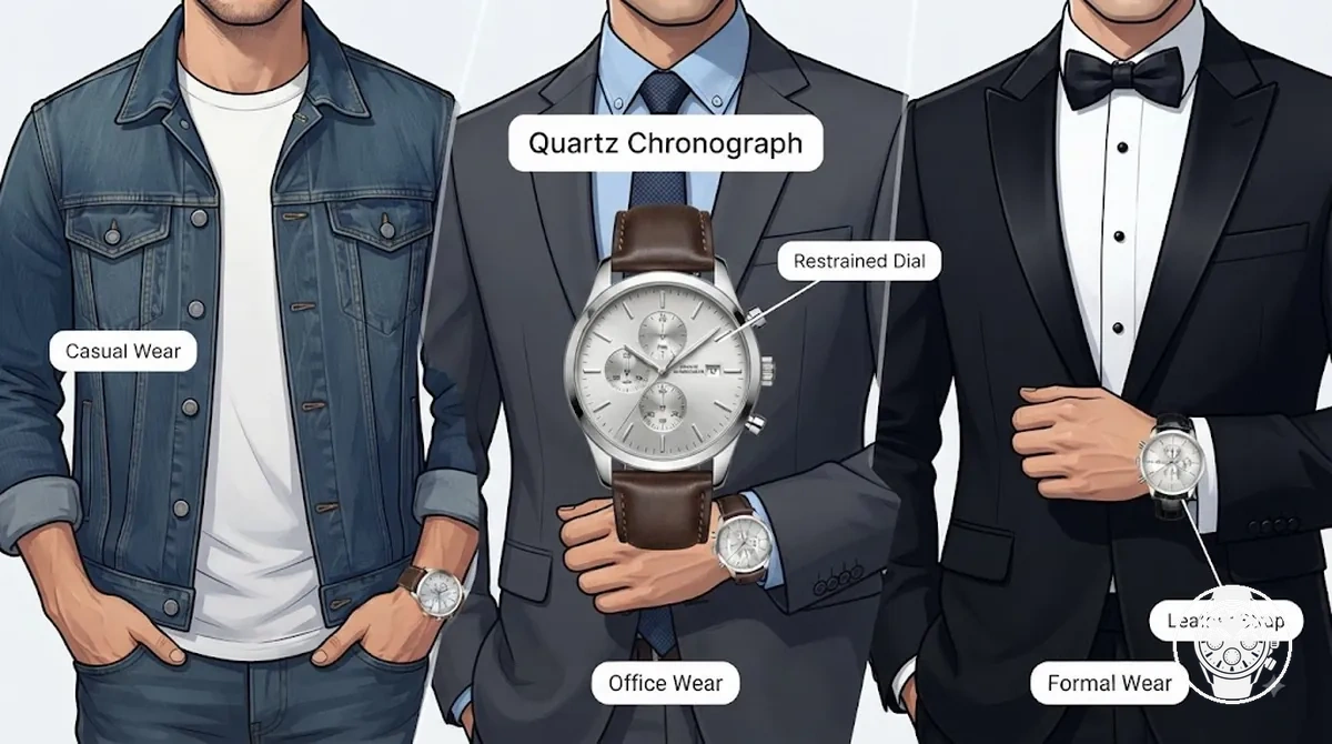 Quarz-Chronograph, gestylt mit lässigen, Büro- und formellen Outfits, mit Unterschieden bei Zifferblatt und Armband