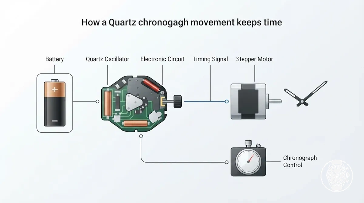 Diagramm, das zeigt, wie ein Quarz-Chronographenwerk eine Batterie, einen Quarzoszillator, einen elektronischen Schaltkreis, einen Schrittmotor und eine Chronographensteuerung zur Zeitmessung nutzt