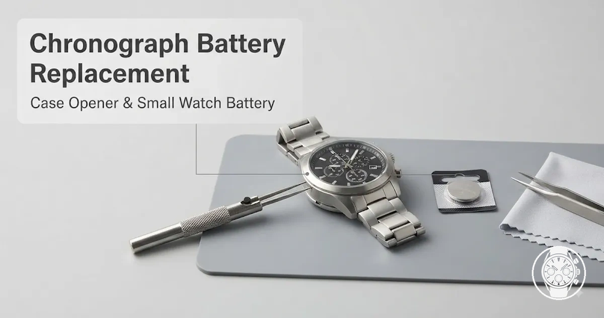 Battery replacement setup for a men’s quartz chronograph watch with case opener and small watch battery