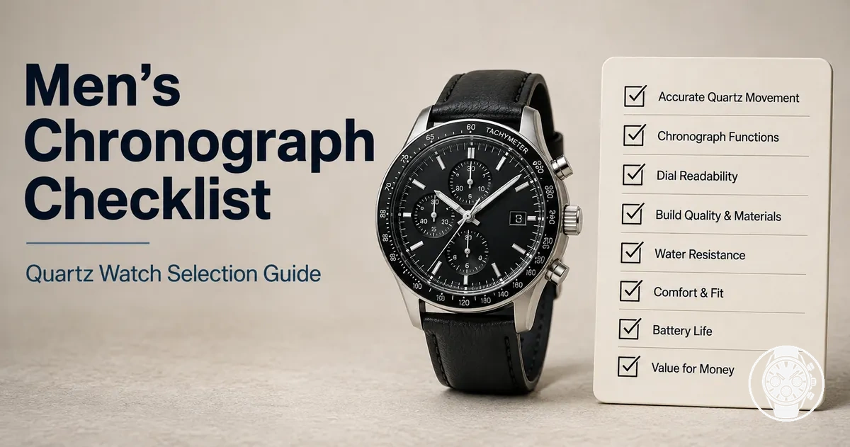 Checklist view for evaluating a men’s quartz chronograph watch before purchase