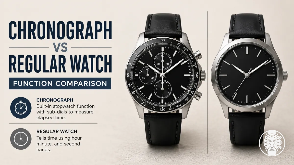 Men’s quartz chronograph watch beside a regular three-hand watch for function comparison
