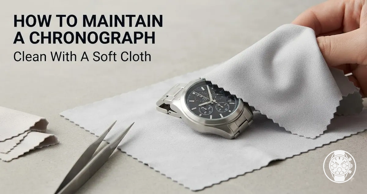Men’s quartz chronograph watch being cleaned with a soft cloth for regular maintenance