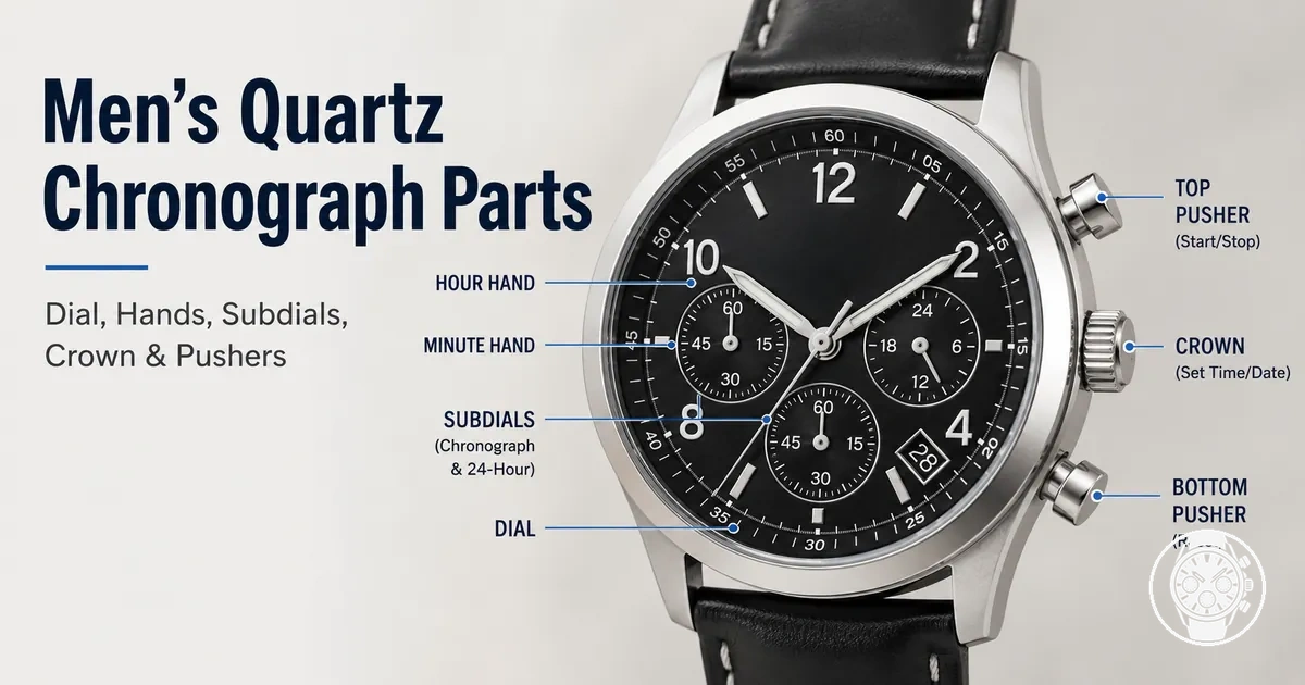 Men’s quartz chronograph watch showing dial, hands, subdials, crown, and side pushers