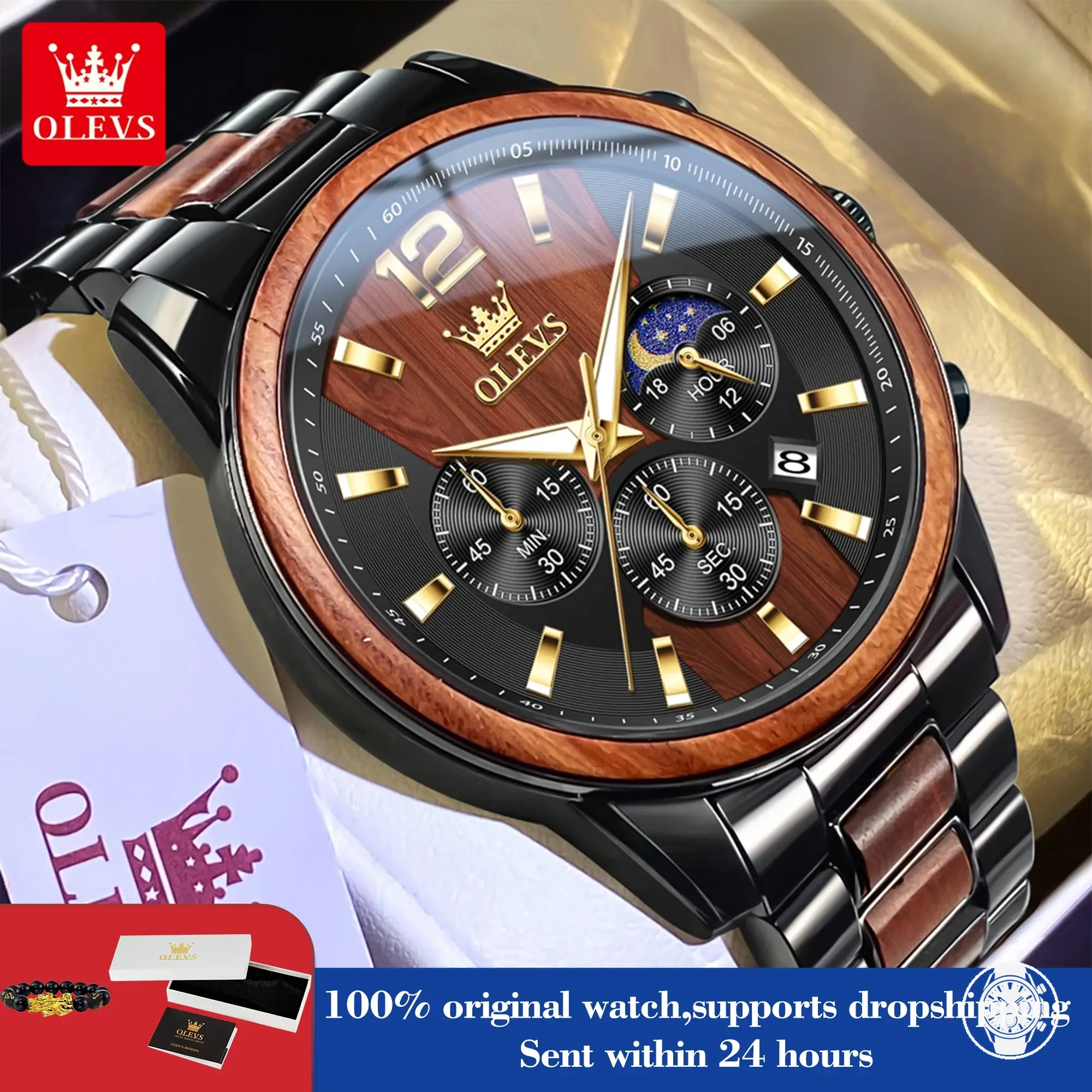 44mm men's quartz chronograph watch with steel wood design, big dial, moon phase, and luminous display