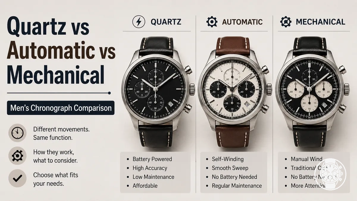 Men’s quartz chronograph watch compared with automatic and mechanical chronograph styles