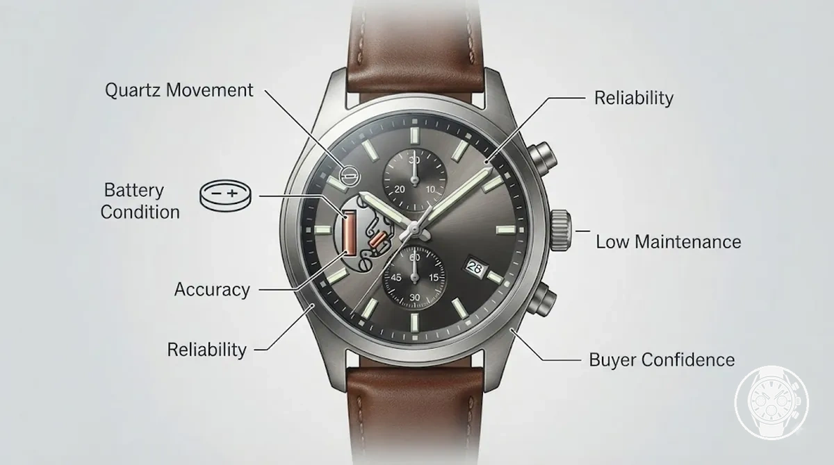 Quartz chronograph watch with dial and battery-powered movement cue illustrating accuracy and low-maintenance use