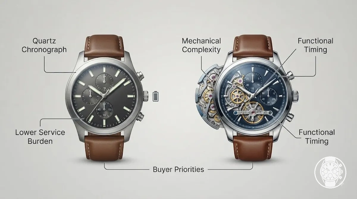 Comparison graphic showing quartz chronograph cost efficiency against mechanical chronograph ownership complexity