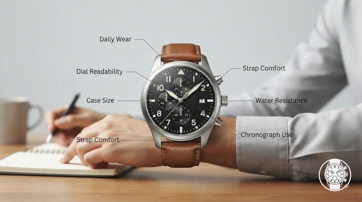 Quartz chronograph watch worn in an everyday setting showing dial readability, case size, and strap comfort