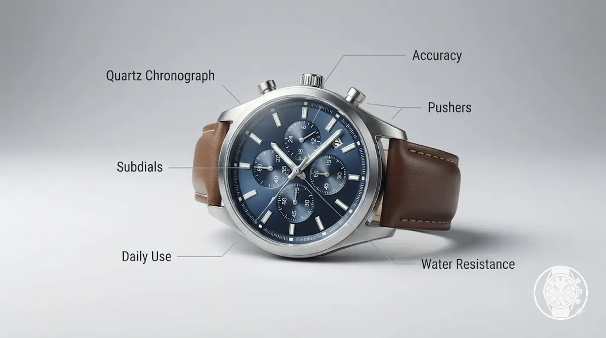 Quartz chronograph watch showing subdials, pushers, and readable dial features for practical daily use