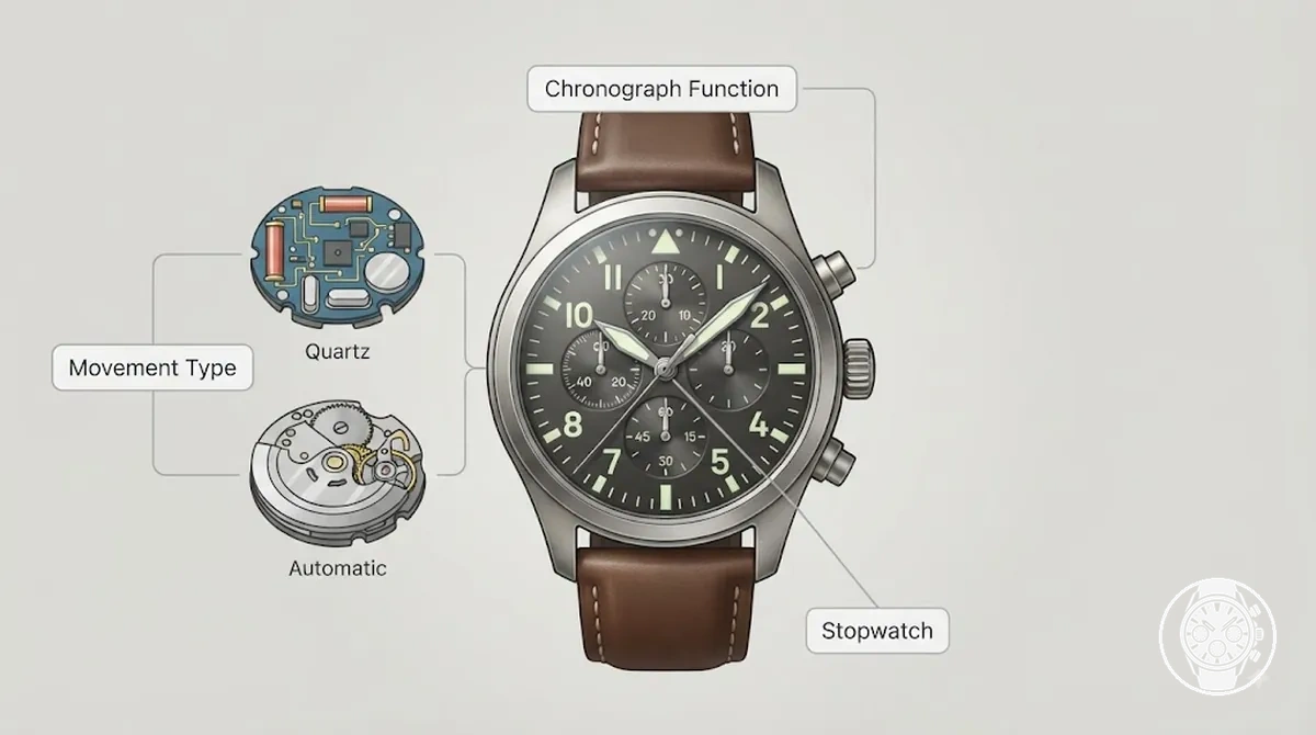Annotated chronograph watch showing function and movement type distinction