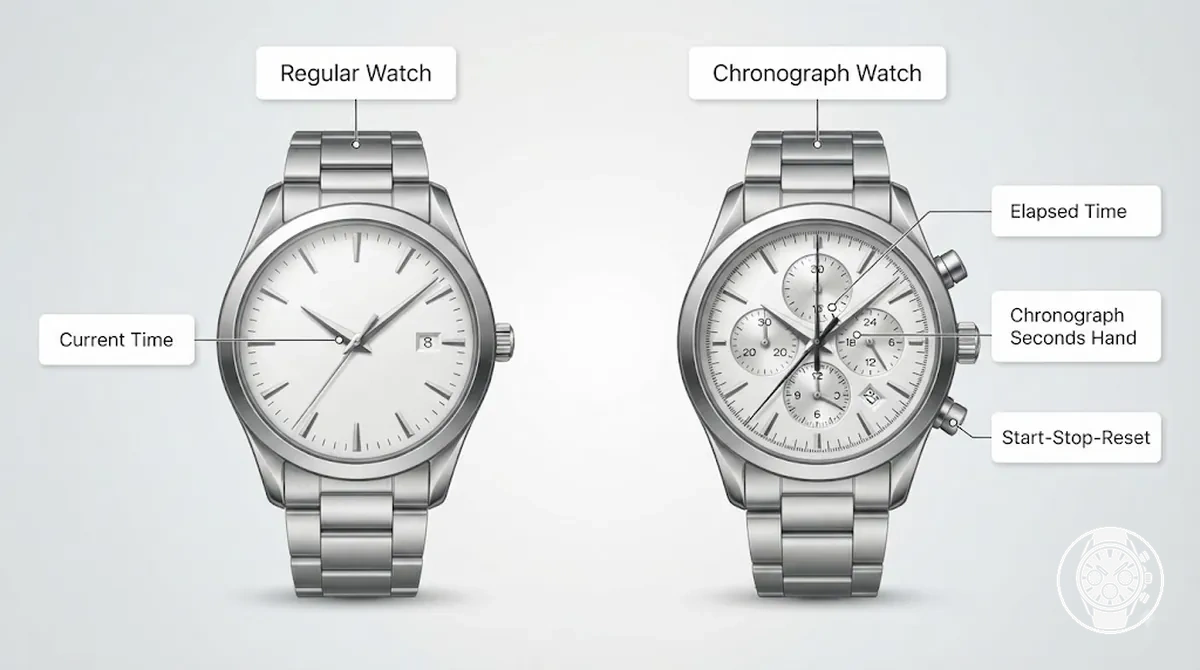 Comparison graphic showing regular timekeeping and chronograph elapsed-time function
