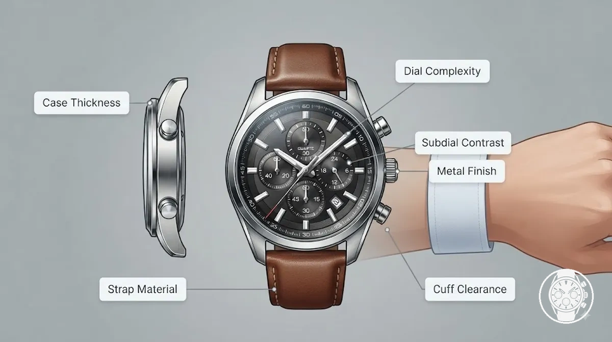 Annotated quartz chronograph showing case thickness dial complexity strap material and metal finish