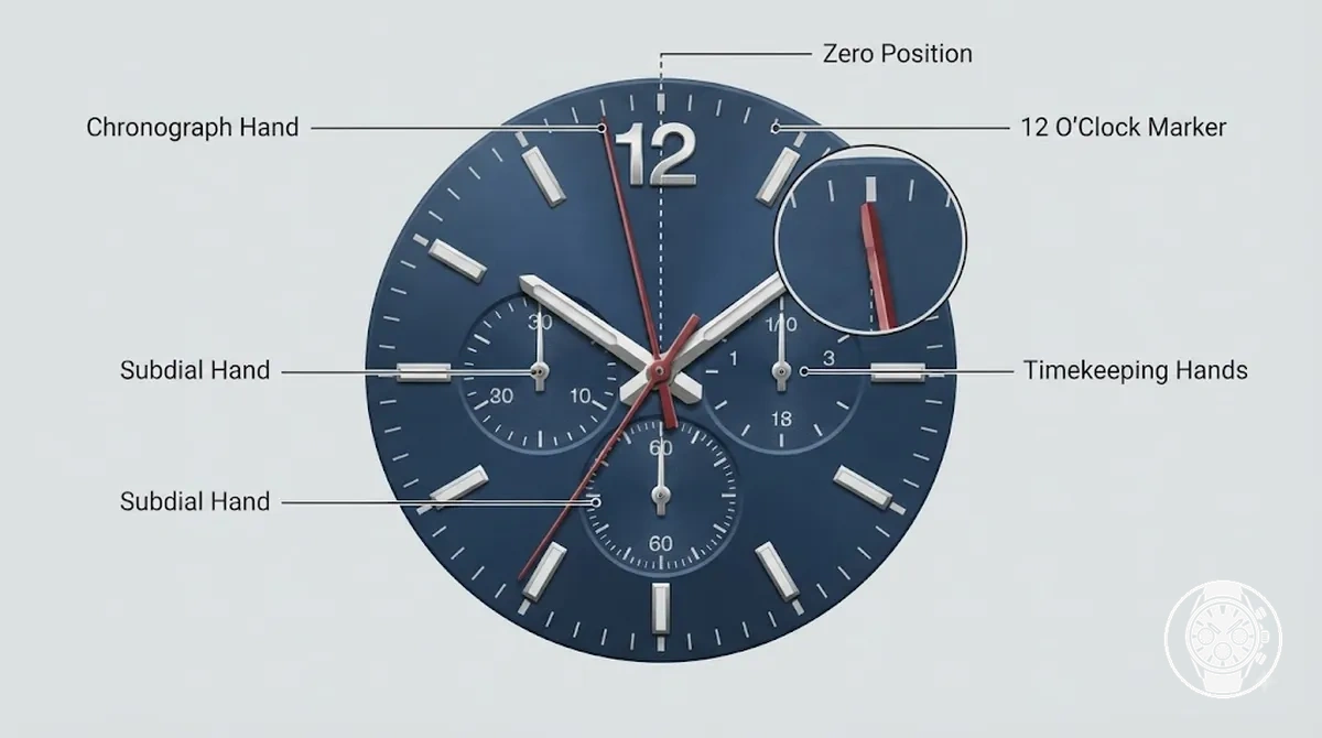 Annotated men’s quartz chronograph dial showing misaligned chronograph and subdial hands near their zero markers