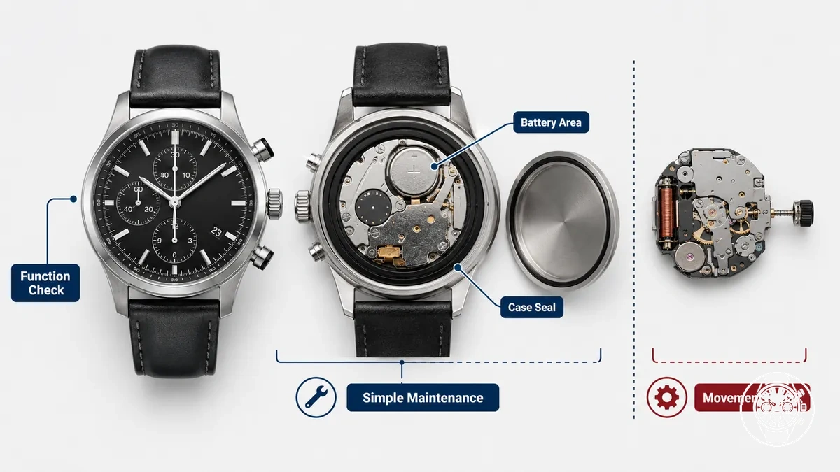 Men’s quartz chronograph watch showing battery replacement scope with case back and battery area