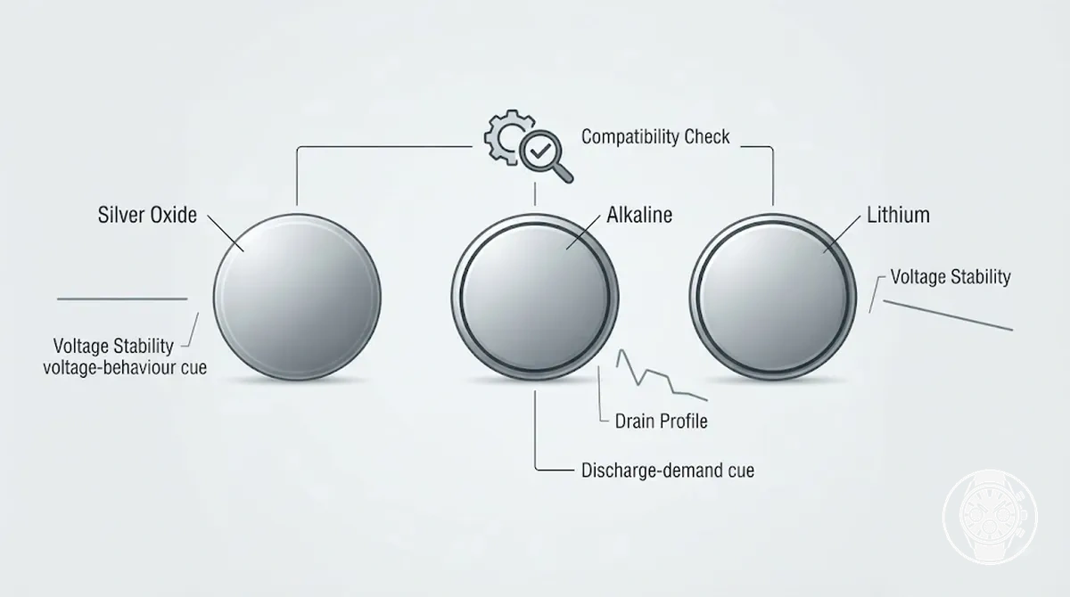 Comparison of silver oxide, alkaline, and lithium button cells for quartz chronograph replacement