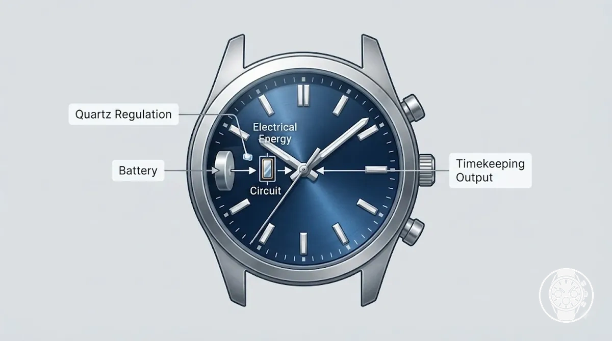 Illustration of battery power, circuit control and quartz regulation supporting timekeeping in a men’s quartz chronograph watch