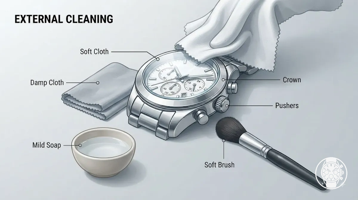 Men’s quartz chronograph watch case and crystal being cleaned gently with a soft cloth