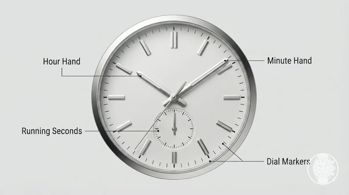 Chronograph dial close-up showing hour hand, minute hand, and running seconds hand.
