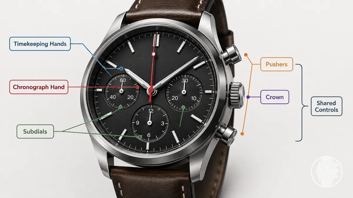 Chronograph watch diagram showing timekeeping parts, stopwatch indicators, subdials, crown, and pushers.
