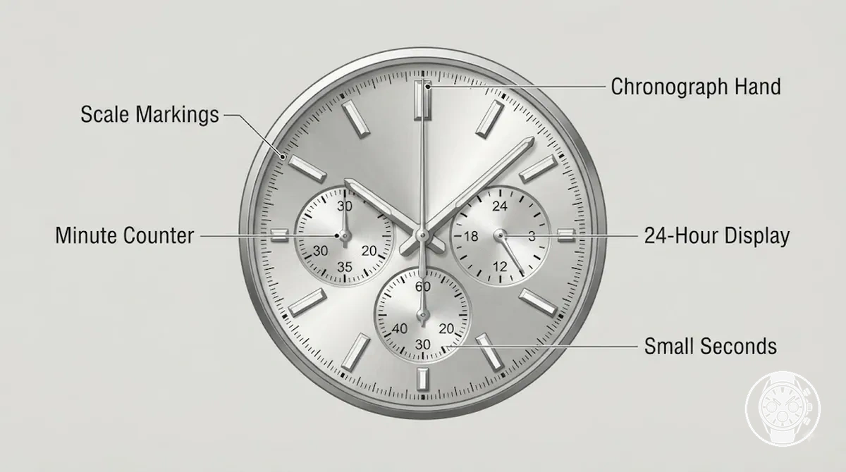 Diagram of men’s quartz chronograph subdial functions with labels for minute counter, small seconds, and 24-hour display
