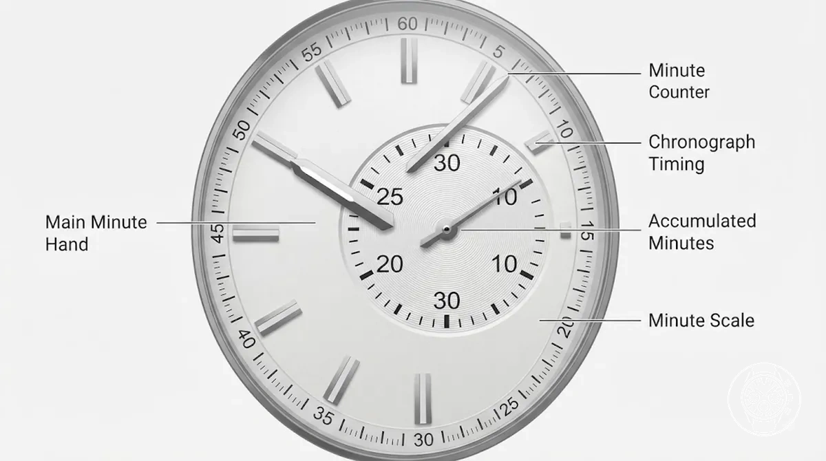 Close-up of an elapsed minute counter on a chronograph subdial with the minute scale labeled