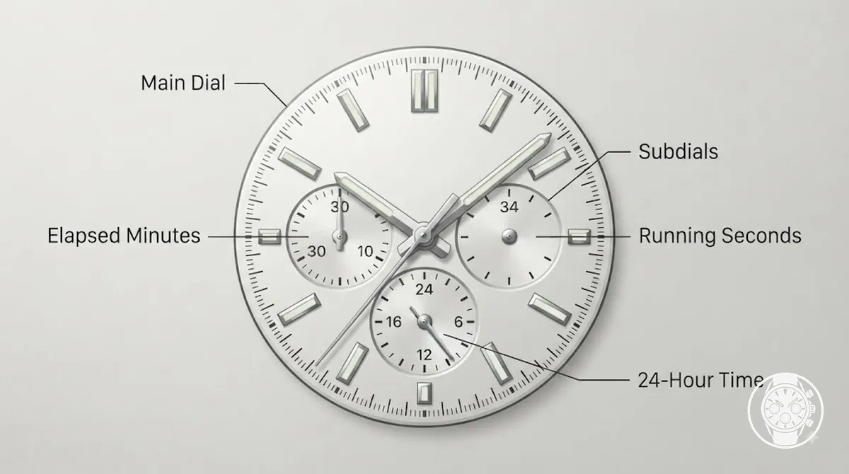 Annotated chronograph dial showing subdials and the time measures they display