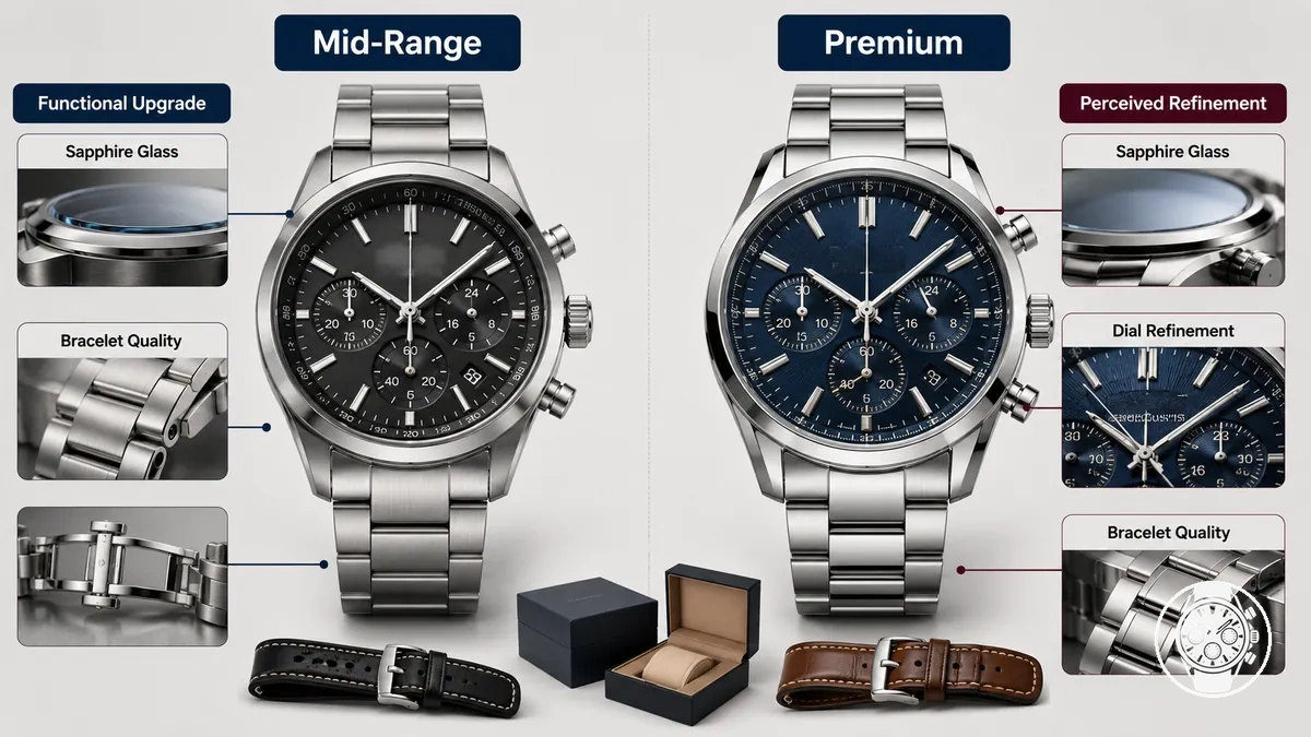 Mid-range and premium quartz chronograph details compared for functional upgrades and perceived refinement