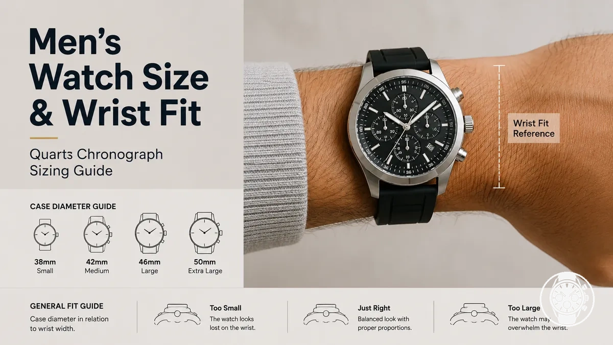 Men’s quartz chronograph watch worn on a wrist to show case size and fit
