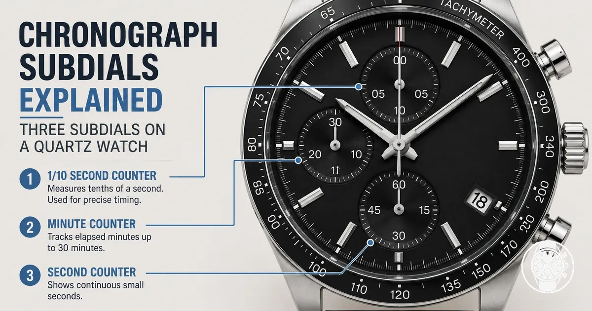 Detailed dial of a men’s quartz chronograph watch with three subdials