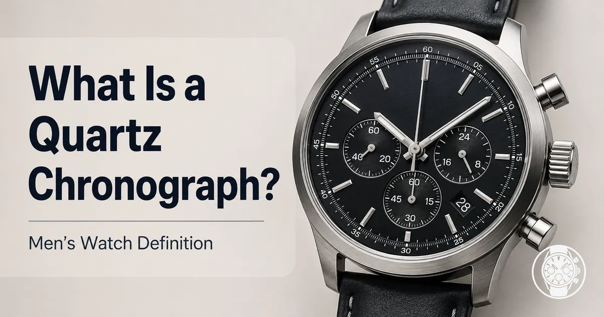 Close view of a men’s quartz chronograph watch dial with subdials and pushers visible