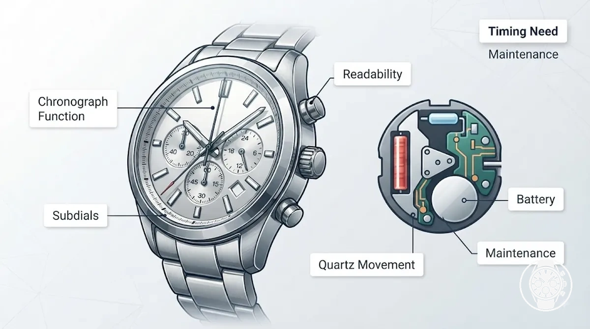 Esfera de reloj cronógrafo de cuarzo para hombre que muestra pulsadores, subesferas, agujas principales y comprobaciones de compra del movimiento de cuarzo