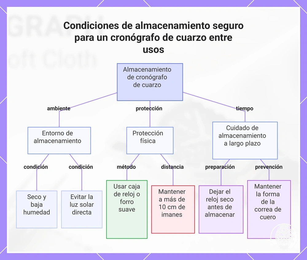Condiciones de almacenamiento seguro para un cronógrafo de cuarzo entre usos