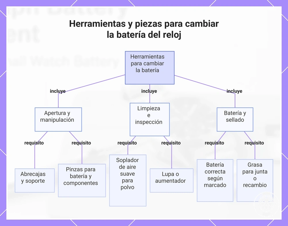 Herramientas y piezas para cambiar la batería del reloj