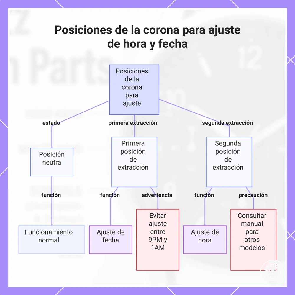 Posiciones de la corona para ajuste de hora y fecha