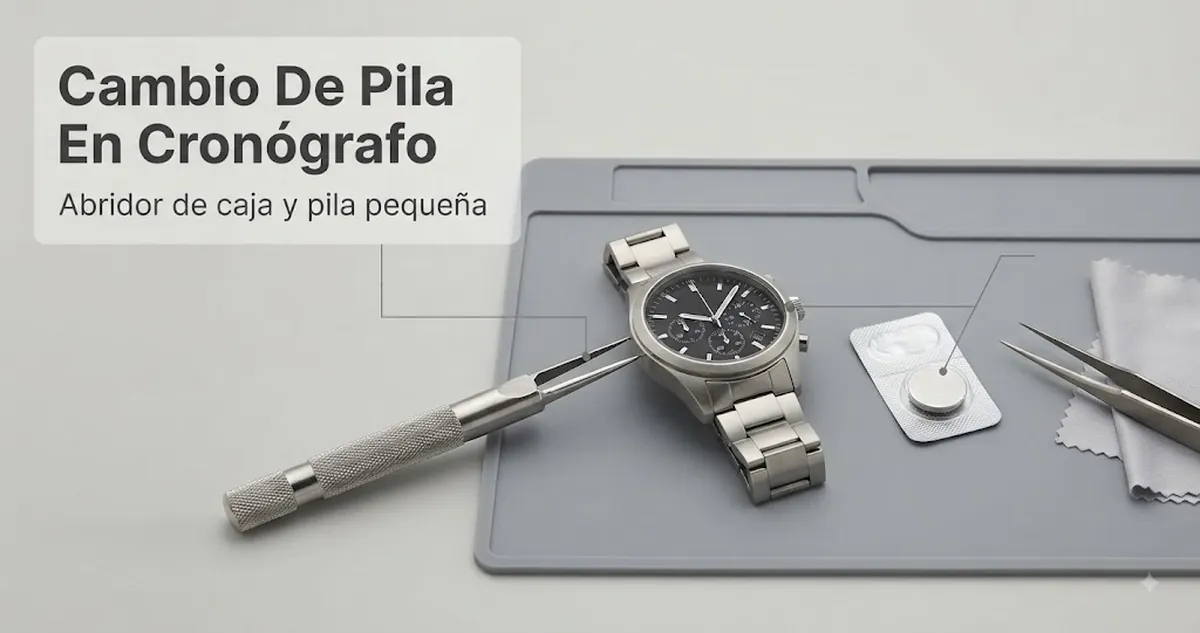 Preparación para cambiar la pila de un reloj cronógrafo de cuarzo para hombre con abridor de caja y pila pequeña