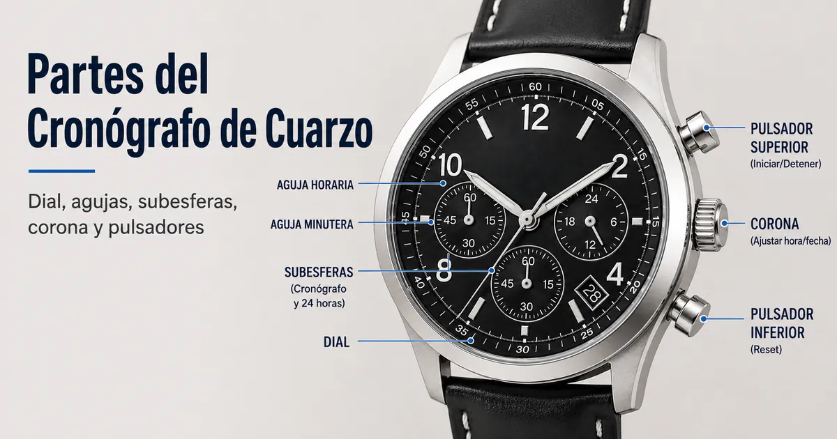 Reloj cronógrafo de cuarzo para hombre con dial, agujas, subesferas, corona y pulsadores laterales
