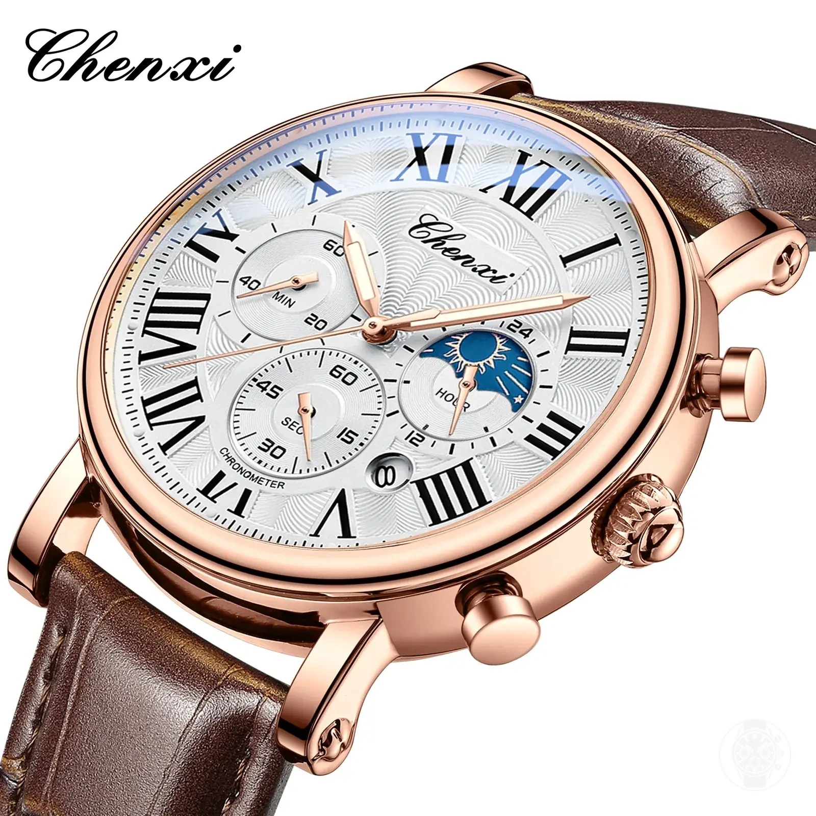 Montre chronographe à quartz pour homme avec bracelet en cuir, phase de lune, date et cadran multifonction