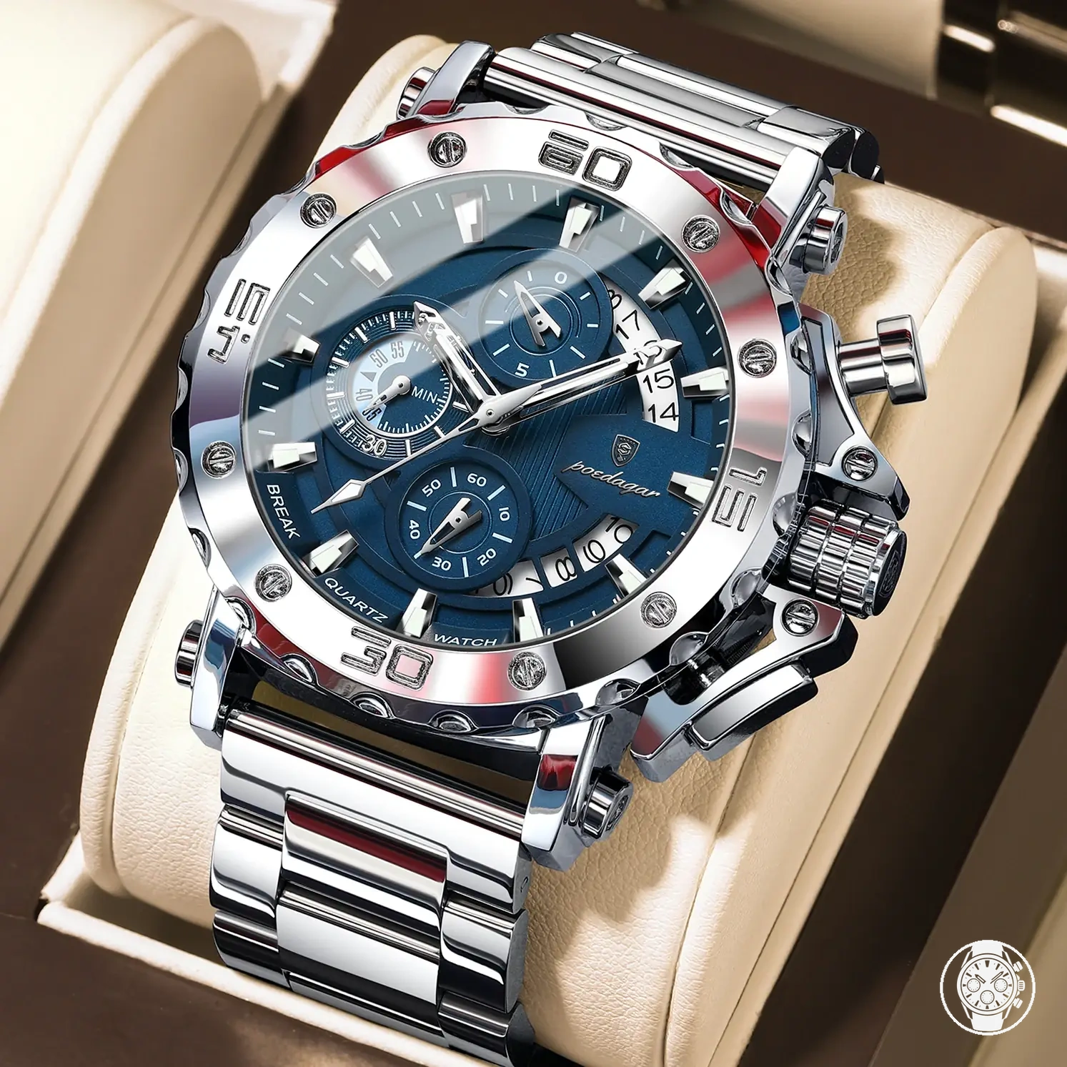Montre chronographe à quartz pour homme en acier inoxydable avec calendrier, affichage lumineux et boîtier étanche