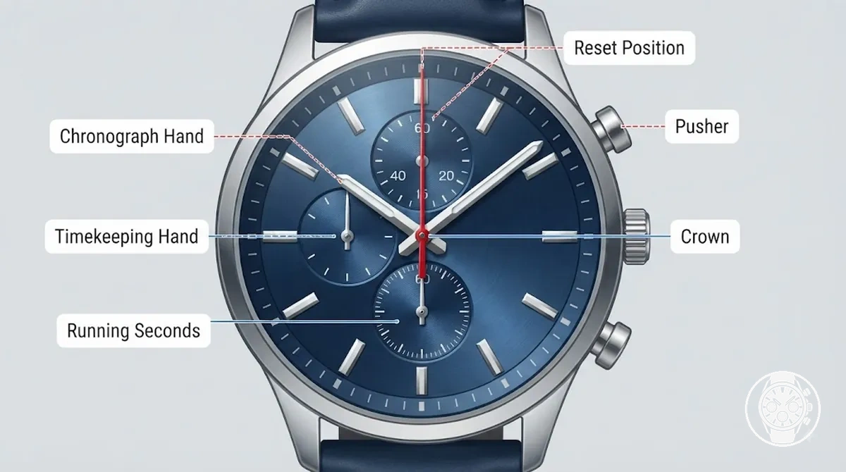 Cadran de chronographe annoté comparant les aiguilles du chronomètre avec les aiguilles et commandes de l’heure normale