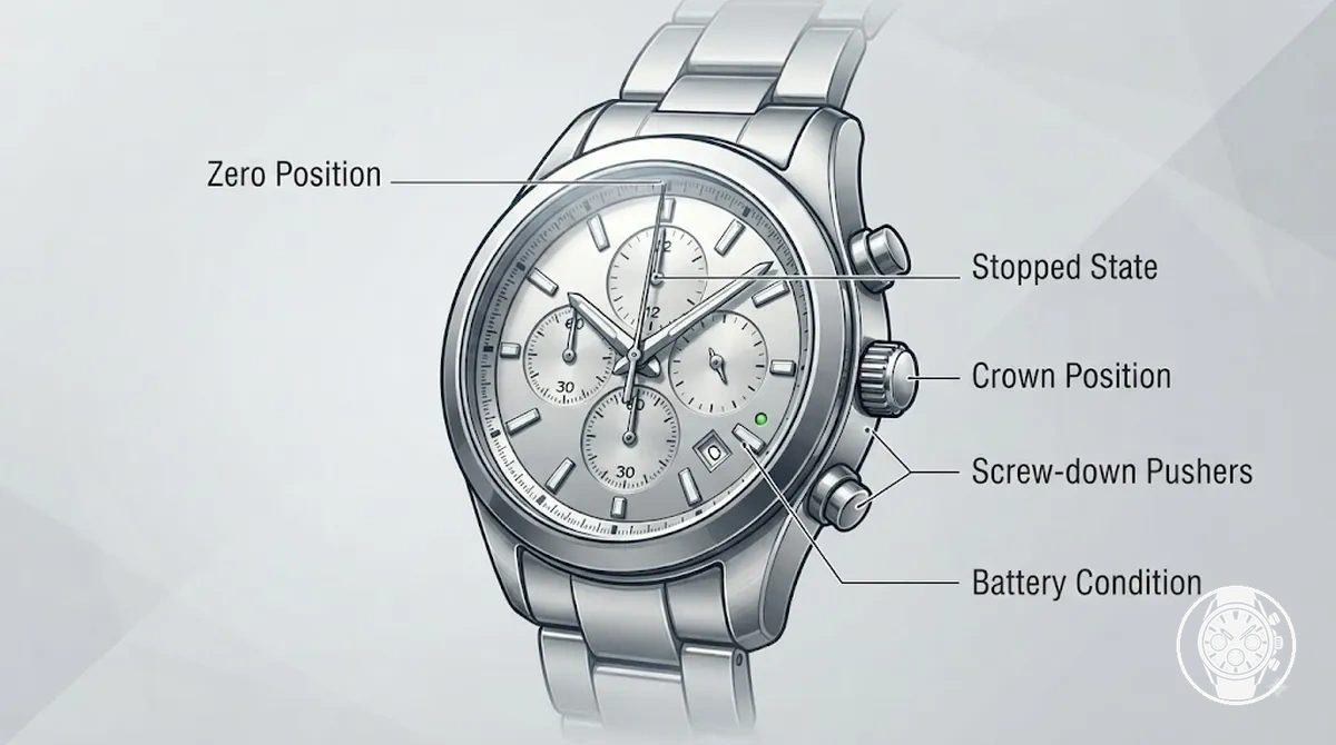 Montre chronographe à quartz pour homme montrant les vérifications de l’état de préparation, position zéro, couronne et poussoirs avant le chronométrage