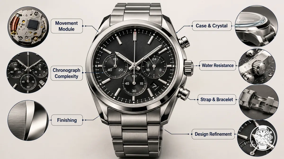 Détails d un chronographe à quartz montrant les facteurs de coût liés aux matériaux, au mouvement et à la construction