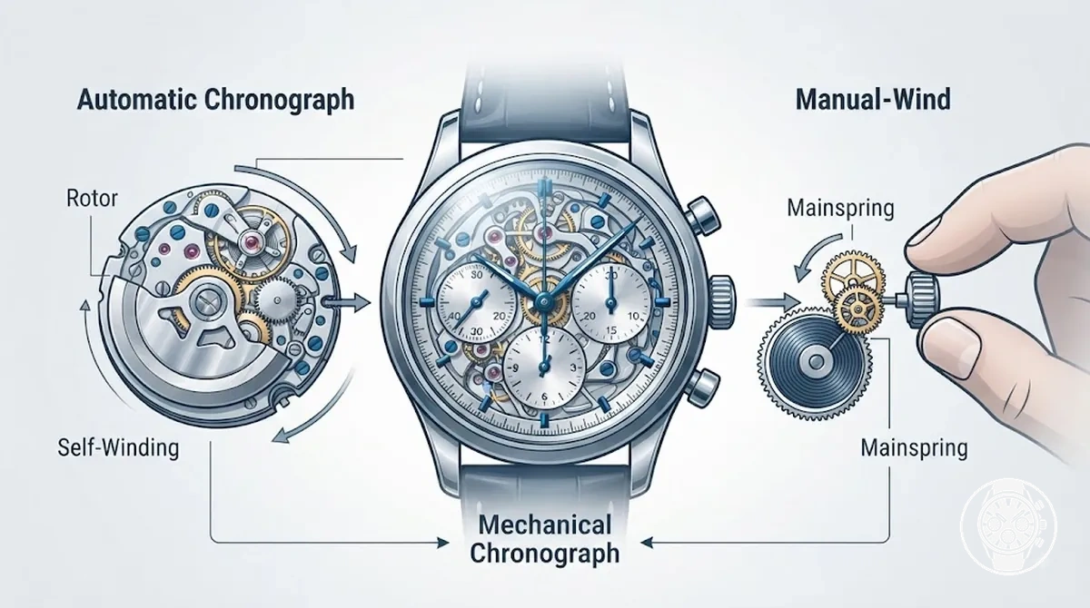 Diagramme des différences entre mouvements chronographes automatique et mécanique manuel