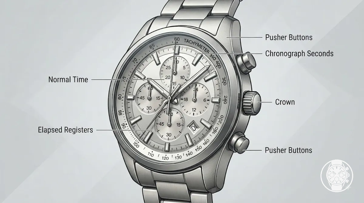 Cadran de montre chronographe à quartz pour homme montrant les boutons-poussoirs, la couronne, l’aiguille centrale des secondes du chronographe et les affichages de chronométrage
