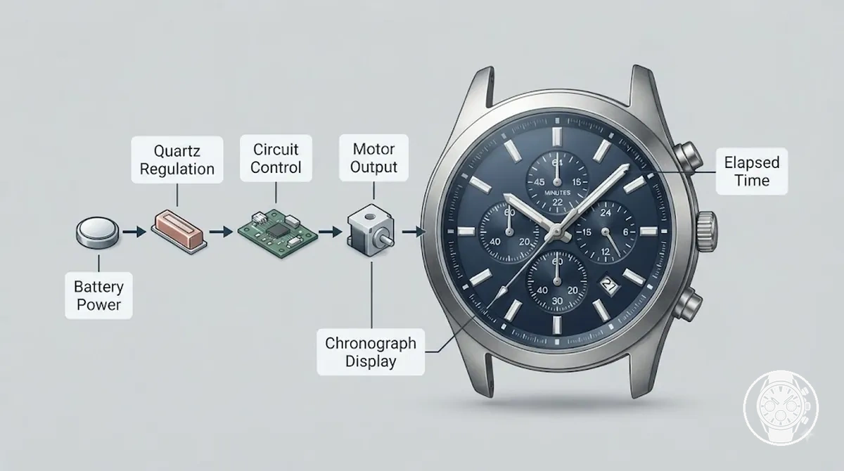 Schéma montrant l alimentation par pile, la régulation à quartz, les aiguilles entraînées par moteur et l affichage du chronométrage chronographe dans une montre chronographe à quartz pour homme